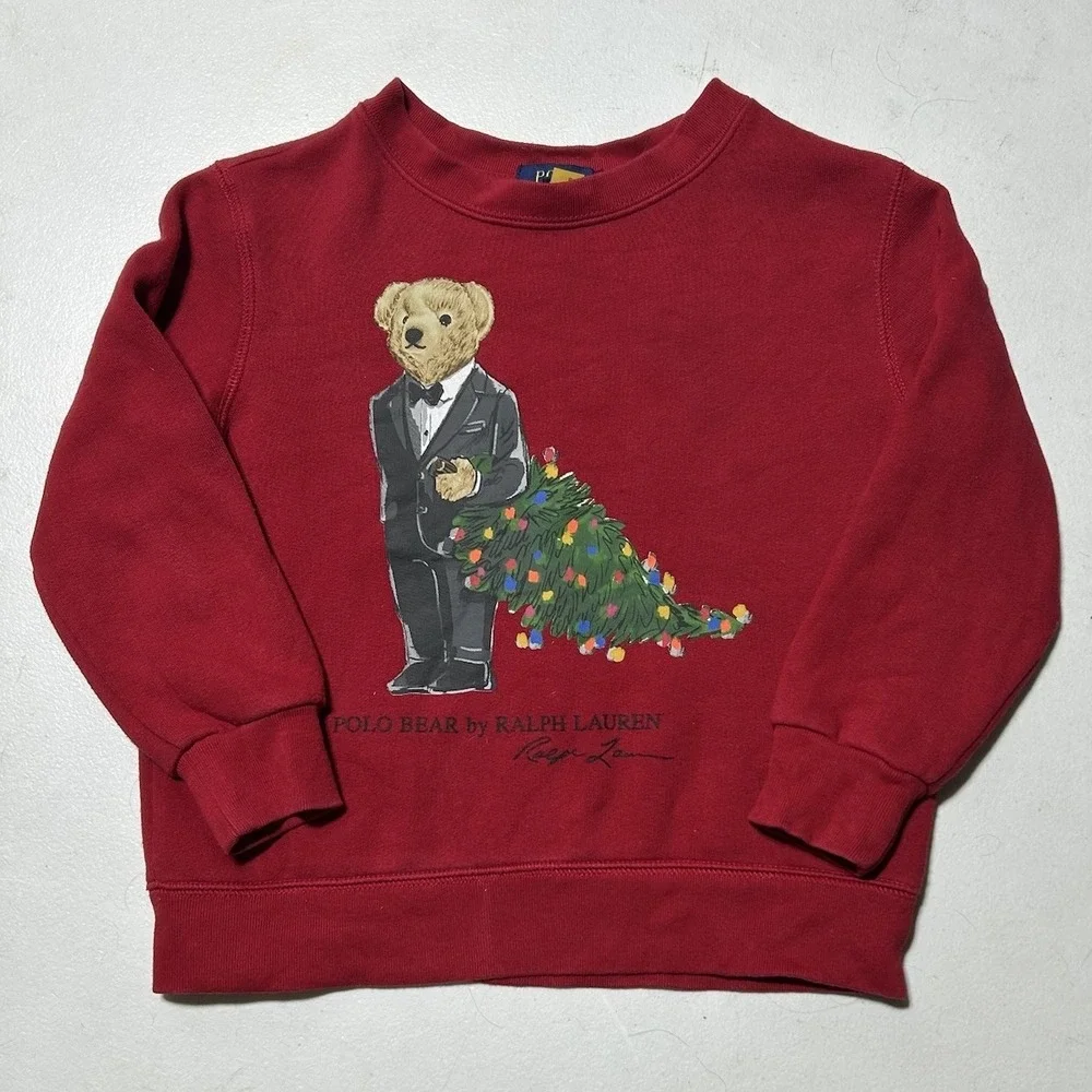 Polo Bear Fleece Sweatshirt Boy Size 4 4T Red Pullover Christmas Tree Tuxedo